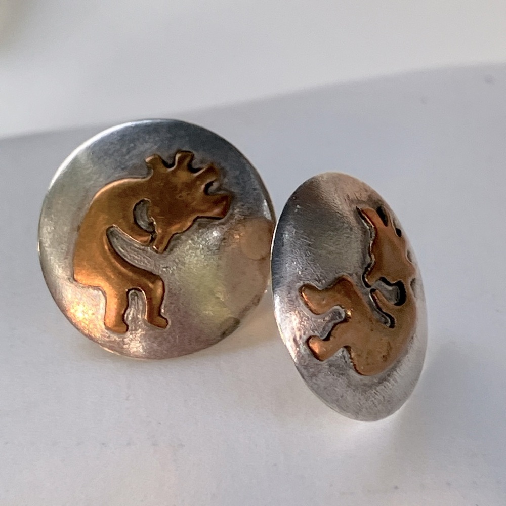 Cute 14K Kokopelli figure on little sterling silver button post earrings